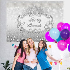 Lofaris Silver Crown Diamond Pearl Glitter Baby Shower Backdrop