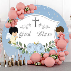 Lofaris Silver God Bless Blue Flower Birthday Round Backdrop