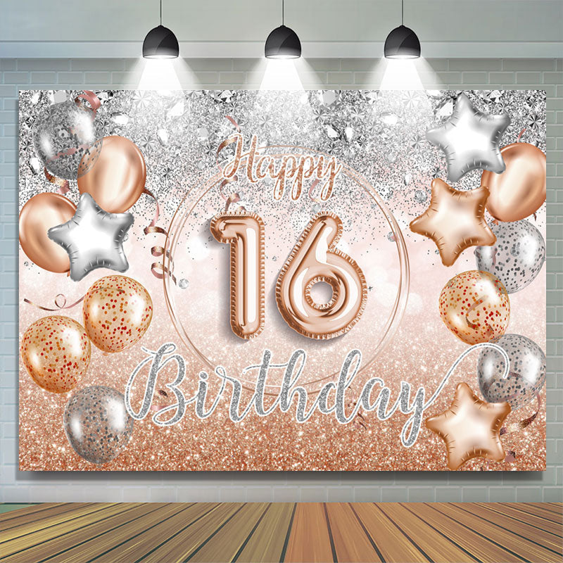 Lofaris Silver Rose Gold Balloon Happy 16Th Birthday Backdrop