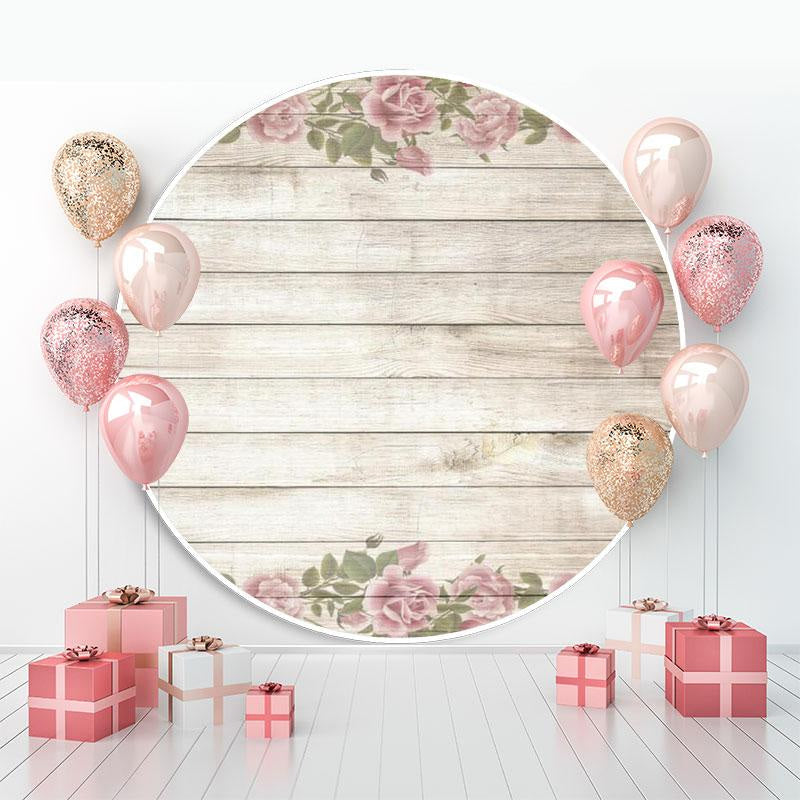 Lofaris Simple Beige Wood And Floral Custom Circle Baby Shower Backdrop