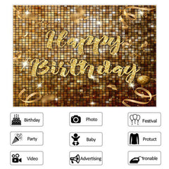 Lofaris Simple Glitter Golden Theme Happy Birthday Backdrop