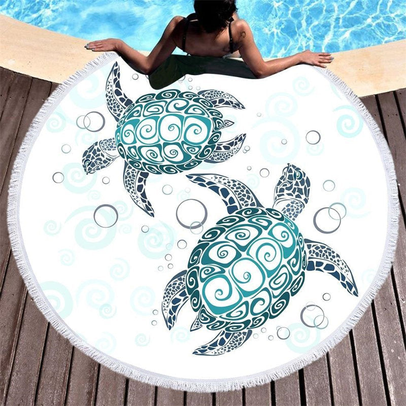 Lofaris Simple Turtles White Round Beach Towel With Fringe