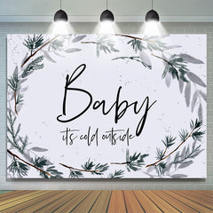 Lofaris Simple Winter With Leaves White Baby Shower Backdrop