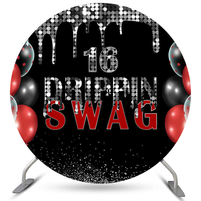 Lofaris Sliver And Black Swag 16th Round Happy Birthday Backdrop