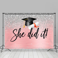 Lofaris Silver Glitter Diamonds Pink She Did It Grad Backdrop