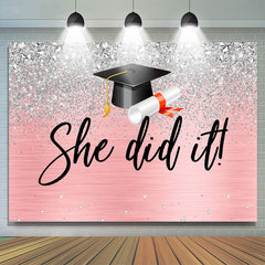 Lofaris Silver Glitter Diamonds Pink She Did It Grad Backdrop