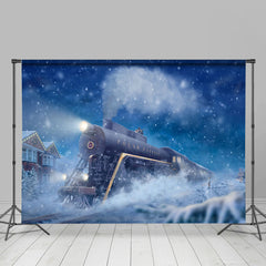 Lofaris Snowy Blue Night Running Cute Train Winter Backdrop
