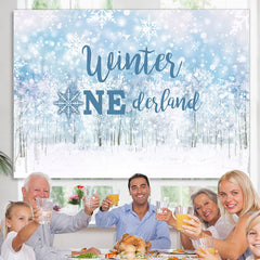 Lofaris Snowy Bokeh Forest Winter Onederland Birthday Backdrop