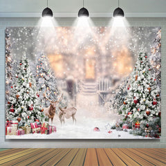 Lofaris Snowy Christmas Tree With Deers Happy Holiday Backdrop