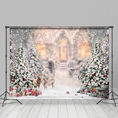 Lofaris Snowy Christmas Tree With Deers Happy Holiday Backdrop