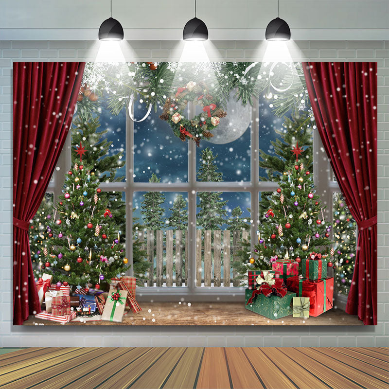 Lofaris Snowy Christmas Trees With Gifts Red Curtain Backdrop