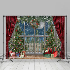 Lofaris Snowy Christmas Trees With Gifts Red Curtain Backdrop