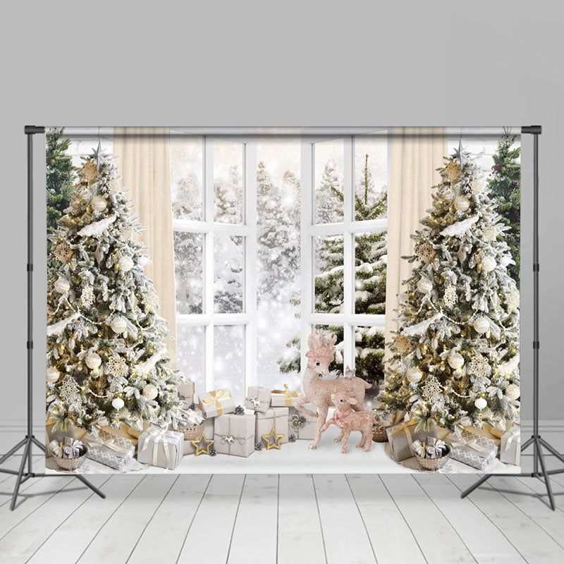 Lofaris Snowy Forest White Window Merry Christmas Backdrop