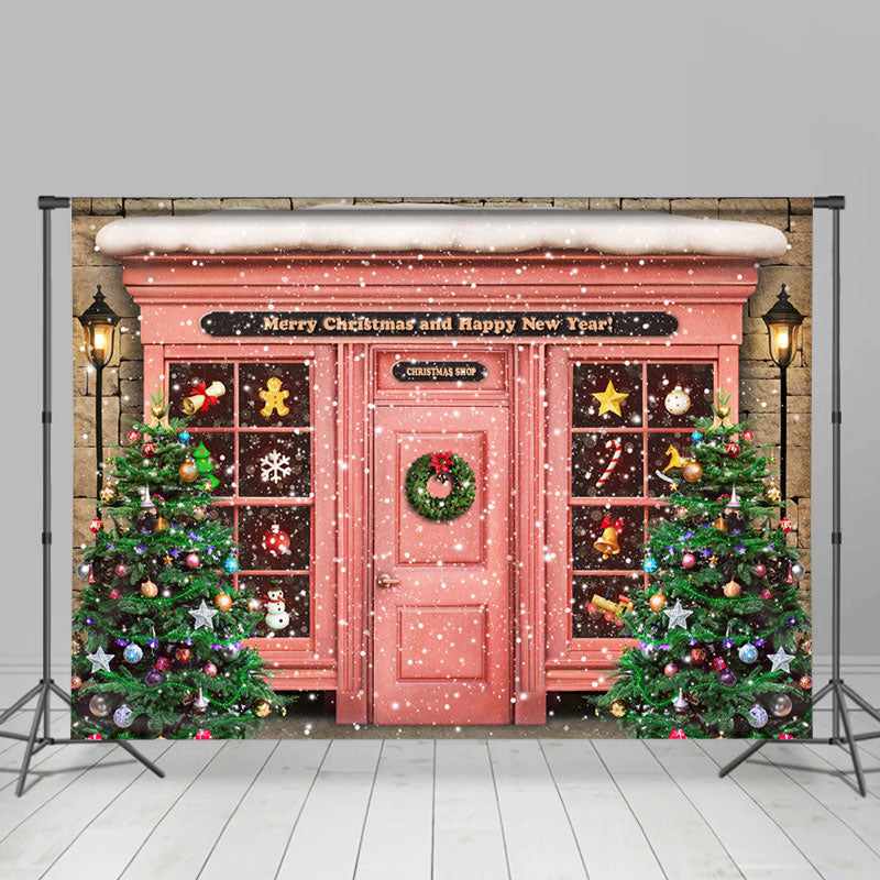 Lofaris Snowy Pink House Merry Christmas Happy New Year Backdrop