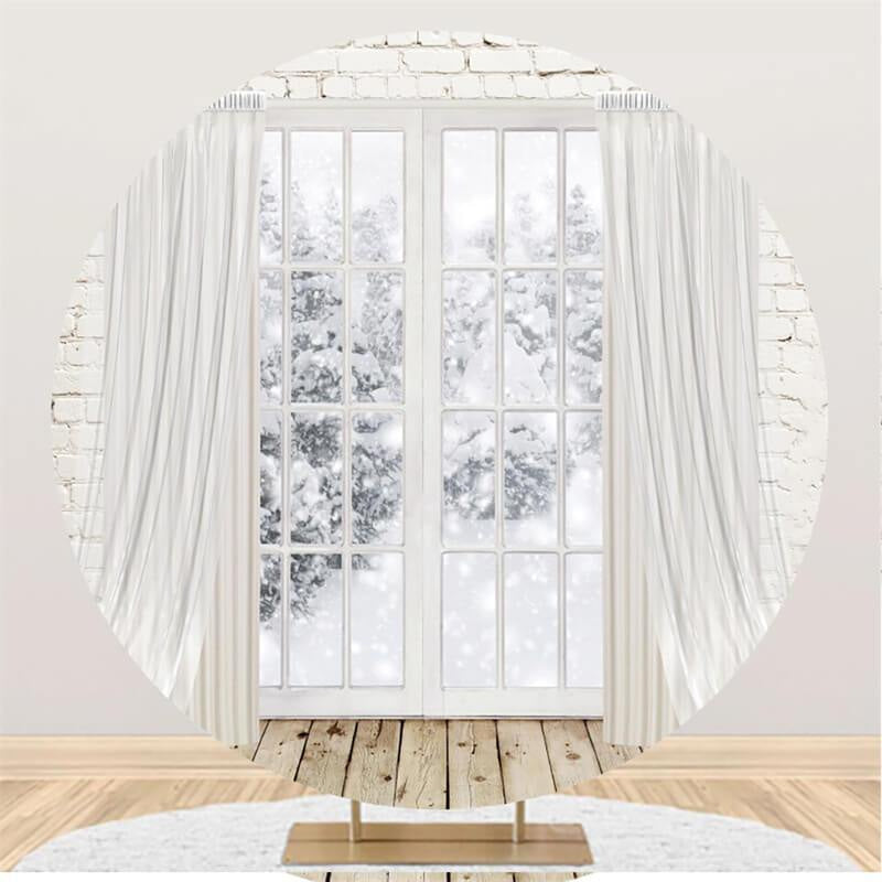 Snowy Trees Outside The Window Winter Round Backdrop – Lofaris