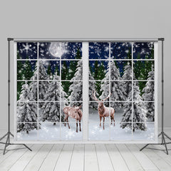 Lofaris Snowy Winter Deers In Forest Out Of Window Backdrop