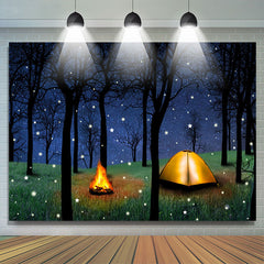 Lofaris Snowy Winter forest with Tent and Bonfire Backdrop