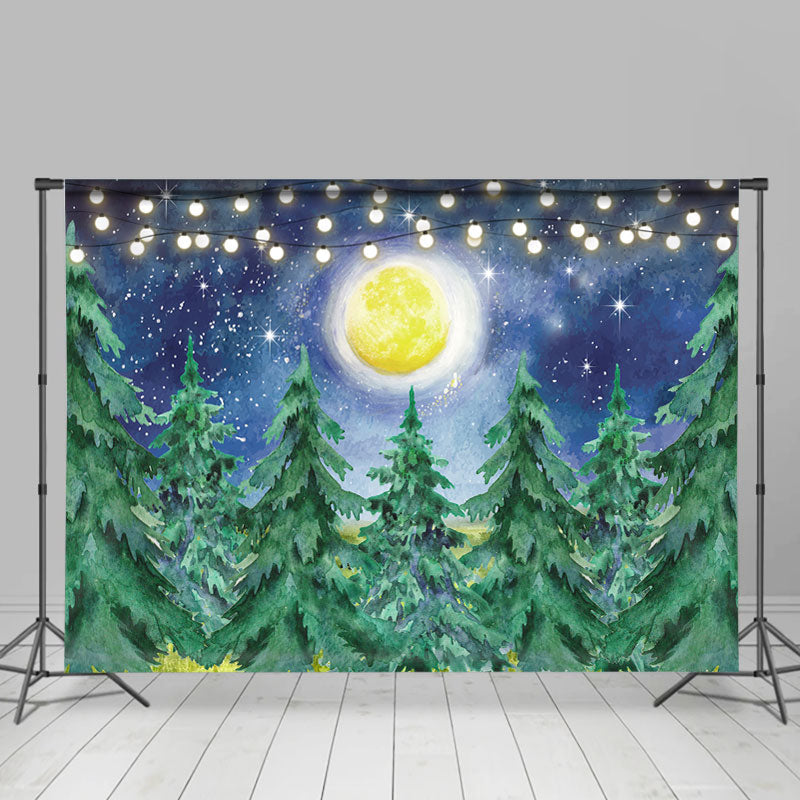 Lofaris Snowy Winter With Trees And Moon Baby Shower Backdrop