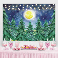 Lofaris Snowy Winter With Trees And Moon Baby Shower Backdrop