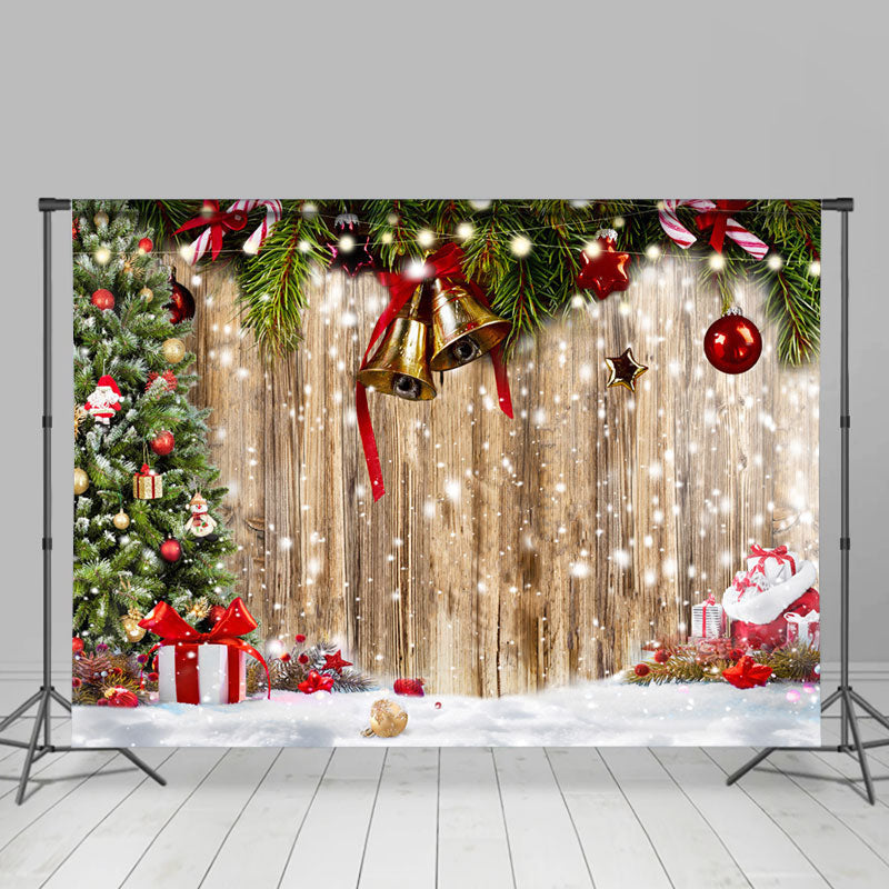 Lofaris Snowy Wooden Board Christmas Bells Holiday Backdrop