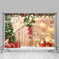 Lofaris Snowy Wooden Door With Christmas Tree Gift Backdrop