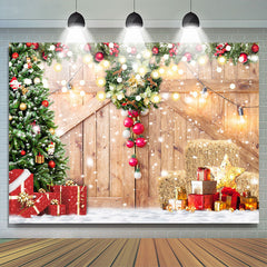 Lofaris Snowy Wooden Door With Christmas Tree Gift Backdrop