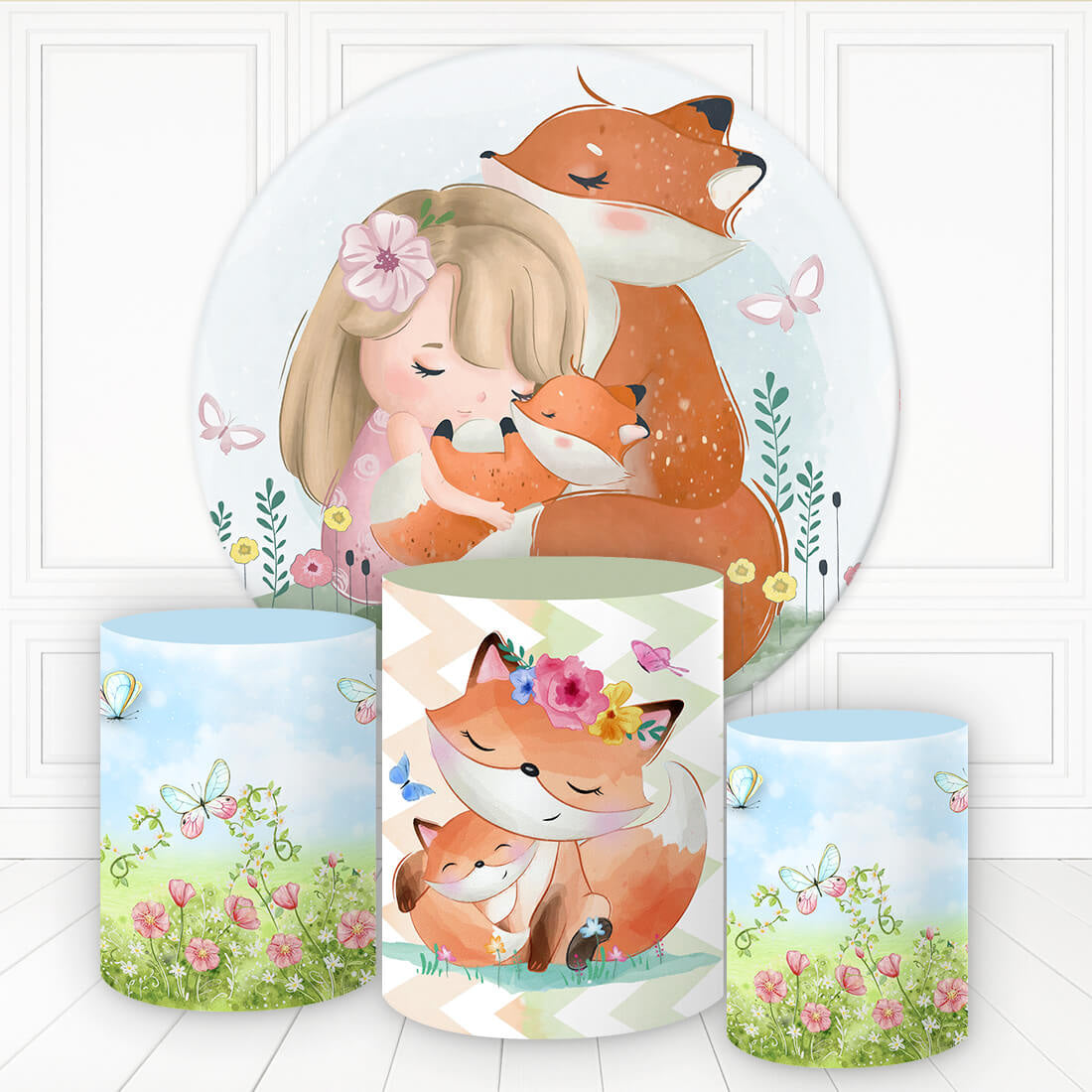 Lofaris Spring Floral Fox Butterfly Sweet Round Backdrop Kit