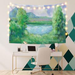 Lofaris Spring Mountain Forest Painting Style Lake Custom Tapestry