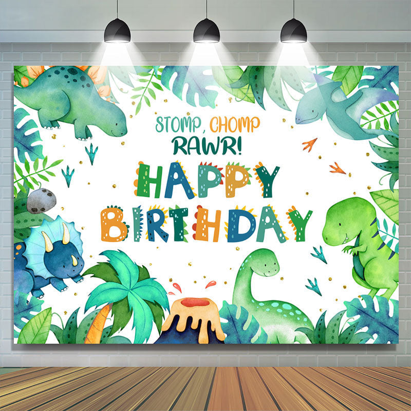 Lofaris Stomp Chomp Rawr Green Leaves Birthday Party Backdrop