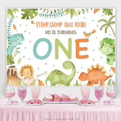 Lofaris Stomp Chomp Roar He Is Turning One Birthday Backdrop