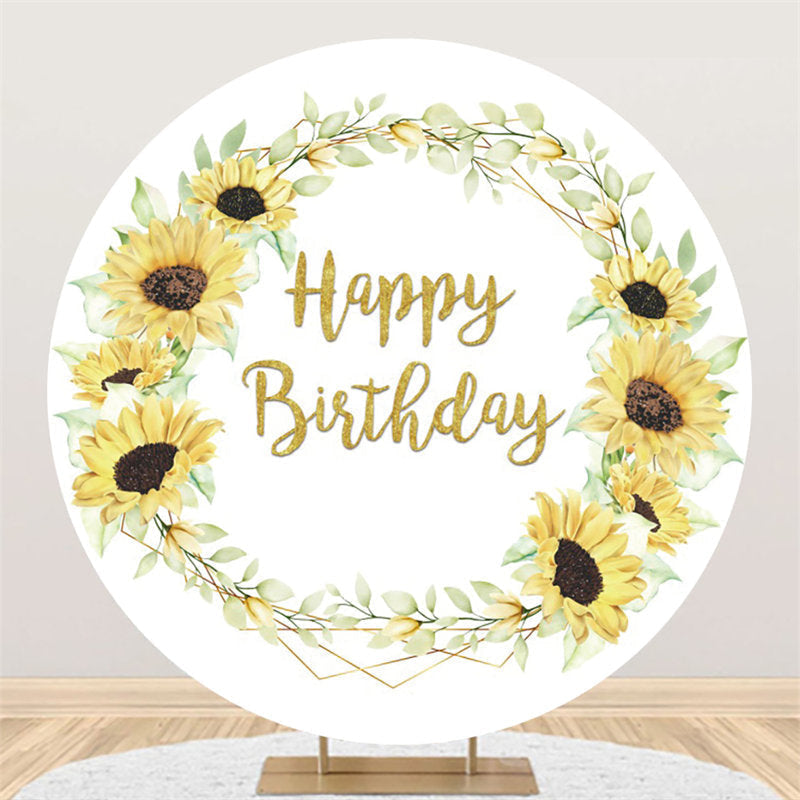 Sunflower And Leaves Happy Birthday Circle Backdrop - Lofaris