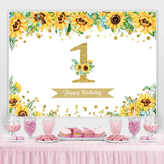 Lofaris Sunflower Gold Glitter Happy 1st Birthday Backdrop for Girl