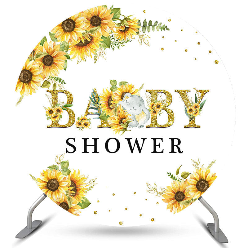 Lofaris Sunflower With Elephant Gold Round Baby Shower Backdrop