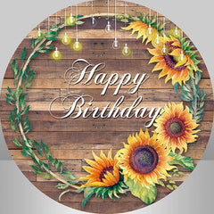 Lofaris Sunflowers And Brown Wood Happy Birthday Round Backdrop