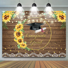 Lofaris Sunflowers And Gold Glitter Congrats Grad Wood Backdrop