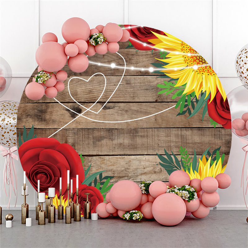 Lofaris Sunflowers And Roses Round Khaki Wood Wedding Backdrop