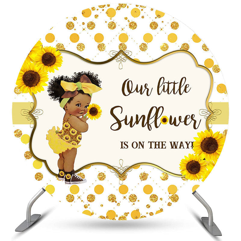 Lofaris Sunflowers Gold Glitter Round Baby Shower Backdrop