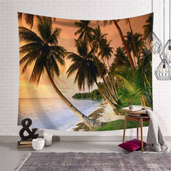 Lofaris Sunset Romantic Coconut Tree Beach Holiday Wall Tapestry