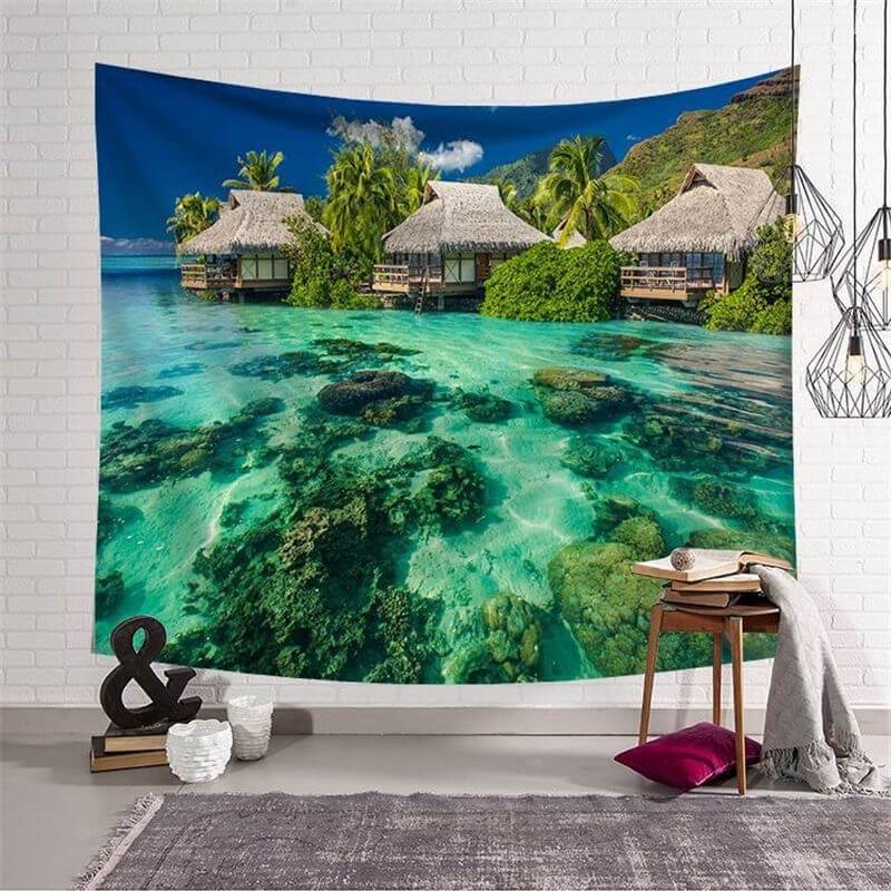 Lofaris Sunshine Cozy Emerald Green Beach Lake Wall Tapestry