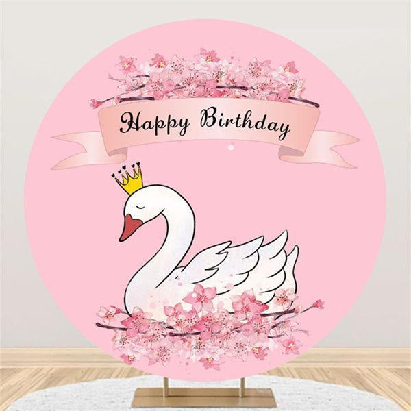 Lofaris Swan And Floral Pink Round Happy Birthday Day Backdrop