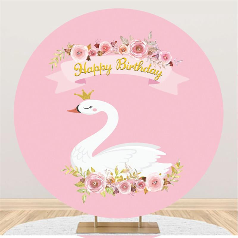 Lofaris Swan And Pink Floral Round Happy Birthday Backdrop