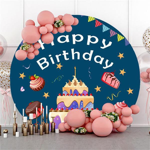 Lofaris Sweet Cakes Blue Round Happy Birthday Party Backdrop