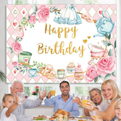 Lofaris Tea Party Theme Pink England Happy Birthday Backdrop