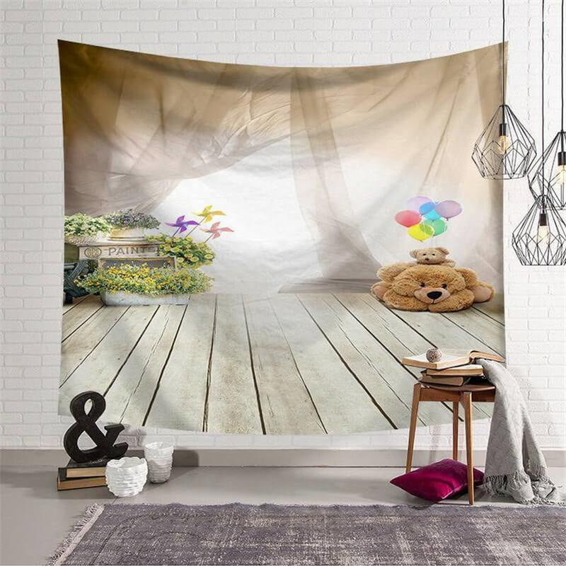 Lofaris Teddy Bear And Curtains Floral Wall Tapestry