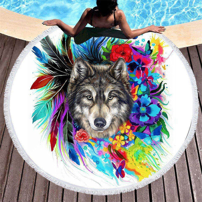 Lofaris The Original Wolf Spirit Floral Round Beach Towel