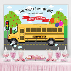 Lofaris The Wheels On Bus Go Round Happy Birthday Backdrop