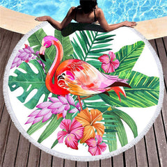 Lofaris Tropical Flamingo Round Summer Beach Towel With Fringe