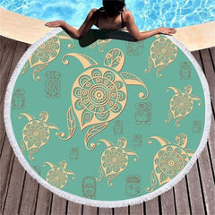 Lofaris Turtle Pattern Turquoise Round Design Beach Towel