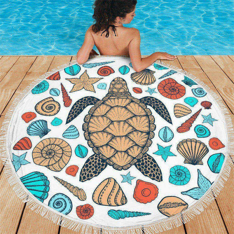 Lofaris Turtle Seashells Starfish White Circle Beach Towel