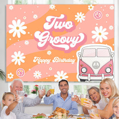 Lofaris Two Groovy Daisy Van Girls Happy Birthday Backdrop